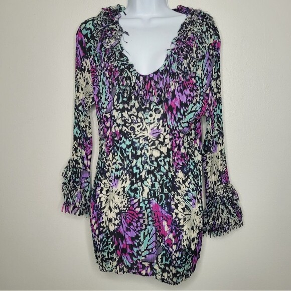 Vintage abstract print pleated fringe art to wear quirky electric top size 1x - Picture 1 of 7